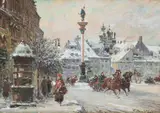 Widok na Kolumnę Zygmunta w Warszawie by Władysław Chmieliński, olej, tektura, sold Dec 2023
