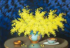 Marian Szczerbiński, Mimozy w kolorowym wazonie, pastel, papier