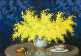 Marian Szczerbiński, Mimozy w kolorowym wazonie, pastel, papier