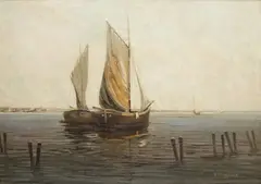 Leopold Wittkowski, Kutry w zatoce, l.30 XX w., olej, płótno