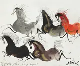 Józef Wilkoń, Ta piątka koni, 2021 r., 2021, tusz, tempera, akryl, pastel, mika proszek mineralny złoty, papier