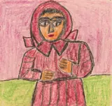 Nikifor Krynicki, Portret dziewczynki w czerwonym stroju, kredka, ołówek, papier naklejony na tekturę, 7