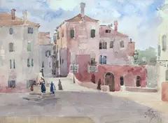 Campo dei Gesuiti w Wenecji by Julian Fałat, akwarela na podrysowaniu ołówkiem, papier, sold Dec 2023