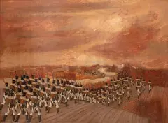 Jeremi Kubicki, Zdobycie Sandomierza, l. 30. XX w., olej, sklejka, 91