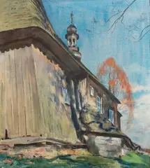 Julian Fałat, Kościół Św. Andrzeja w Osieku, 1906 r., 1906, akwarela, papier, 52