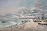 Przy brzegu by Eugeniusz Dzierżencki, olej, płótno, sold Nov 2023