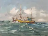 Łódź na morzu by Eugeniusz Dzierżencki, olej, tektura, sold Nov 2023