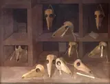 Martwa natura z maskami zwierzęcymi, 1991–1999 by Kiejstut Bereźnicki, olej, płótno, 93, sold Oct 2023