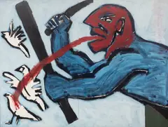 Ryszard Grzyb, Przepędzanie gołębi z balkonu, 1985, 1985, tempera, papier, 100