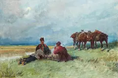 Kozacy na stepie by Adam Setkowicz, olej, płótno, 40, sold Oct 2023