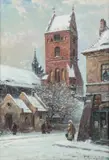 Widok na wieżę kościoła Nawiedzenia NMP w Warszawie by Władysław Chmieliński, olej, płótno, sold Oct 2023
