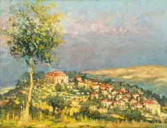 Bolesław Baake, Widok libańskiego miasteczka, ok. 1950 r., 1950, olej, płyta, 28