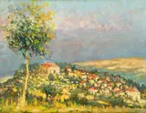 Bolesław Baake, Widok libańskiego miasteczka, ok. 1950 r., 1950, olej, płyta, 28