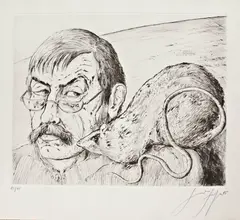 Günter Grass, Autoportret ze szczurem, akwaforta, sucha igła, papier, 37