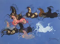 Józef Wilkoń, Tabun koni na niebieskim, gwasz, tusz, akwarela, tempera, złocenia, papier