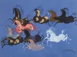 Józef Wilkoń, Tabun koni na niebieskim, gwasz, tusz, akwarela, tempera, złocenia, papier