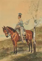 Juliusz Holzmüller, Ułan Królestwa Kongresowego i Powstania Listopadowego na koniu, 1913 r., 1913, akwarela, papier, 46