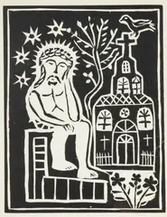 Chrystus Frasobliwy z teki Piecątki beskidzkie, 1925-1933 r., by Jędrzej Wowro, drzeworyt, papier, 20, sold Sep 2023
