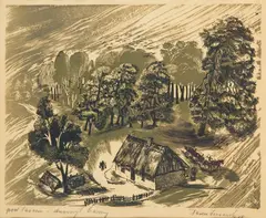 Tadeusz Tuszewski, Pod lasem, 1958 r., 1958, drzeworyt barwny, papier, 24