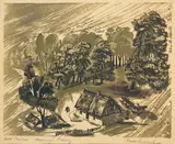 Tadeusz Tuszewski, Pod lasem, 1958 r., 1958, drzeworyt barwny, papier, 24