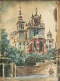 Marian Puchalski, Widok na kościół Św. Anny w Warszawie, akwarela, papier