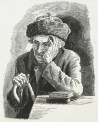 Jan Wałach, Janoszek z laską - Zatroskany, drzeworyt, papier, 28