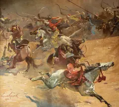 Wojciech Kossak, Szarża Mameluków. Fragment panoramy Bitwa pod piramidami, 1900 r., 1900, olej, płótno