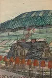 Pejzaż beskidzki z torami w tle, ok. l. 60. XX w. by Nikifor Krynicki, akwarela, gwasz, papier, 22, sold Aug 2023