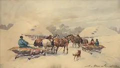 Emil Butowicz, Zimowe zaprzęgi, akwarela, papier