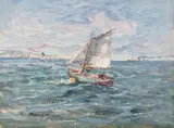 Kuter na morzu by Eugeniusz Dzierżencki, olej, tektura, 24, sold Jun 2023
