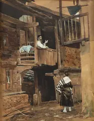 Scena warszawska - Żyd przed domem, 1880 r. by Julian Fałat, 1880, akwarela, gwasz, węgiel, papier, sold Jun 2023