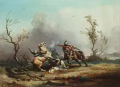 August Erxleben, Potyczka, 1862 r., 1862, olej, płótno naklejone na deskę, 22