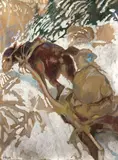 Kazimierz Sichulski, Hucuł na saniach, 1919 r., 1919, akwarela, gwasz, tektura