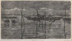 Stanisław Rolicz, Suszące się żaki na wodzie, 1958 r., 1958, akwaforta, akwatinta, papier, 20