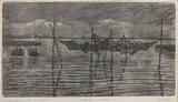 Stanisław Rolicz, Suszące się żaki na wodzie, 1958 r., 1958, akwaforta, akwatinta, papier, 20