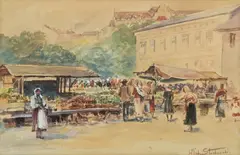 Władysław Stachowski, Na targu, akwarela, papier
