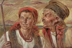 Para chłopska by Wincenty Wodzinowski, olej, tektura, sold May 2023