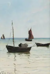 Marceli Harasimowicz, Łodzie na brzegu w Jastarni, 1926 r., 1926, olej, tektura, 33