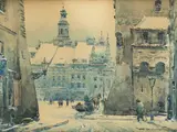 Widok na Rynek Starego Miasta w Warszawie by Władysław Chmieliński, akwarela, papier, sold May 2023