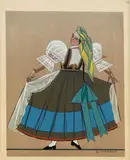 Zofia Stryjeńska, Strój chłopki z żywiecczyzny, plansza XV z teki Polish Peasants Costumes, 1939 r., 1939, pochoir ręcznie podmalowany, papier