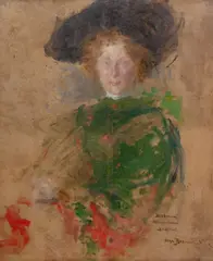 Olga Boznańska, Portret kobiety w kapeluszu (Aleksandra z Jasieńskich Łosiowa?), ok. 1900 r., 1900, olej, tektura