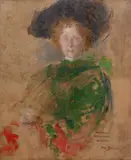 Olga Boznańska, Portret kobiety w kapeluszu (Aleksandra z Jasieńskich Łosiowa?), ok. 1900 r., 1900, olej, tektura