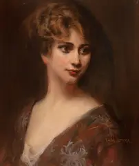 Portret pięknej damy by Tadeusz Styka, olej, płyta malarska, sold May 2023