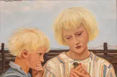 Wlastimil Hofman, Dzieci z wróbelkiem, lata 20. XX w., olej, sklejka