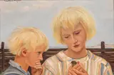 Dzieci z wróbelkiem, lata 20. XX w. by Wlastimil Hofman, olej, sklejka, sold May 2023
