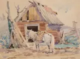 Karol Kossak, Koń przy chacie, 1938 r.