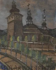 Nikifor Krynicki, Cerkwia w Krynicy, lata 40. XX w. / początek l. 1950., gwasz, tektura, 14