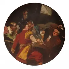 Jan Moniuszko, Gra w karty - przebijam!, 1899 r., 1899, olej, drewno (w formie toczonego talerza)