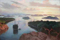Ludwik Leszko, Biała noc na szkierach szwedzkich, 1935 r., 1935, olej, tektura, 71