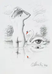 Rafał Olbiński, Ce N'est Pas un Cygne, 2023, 2023, ołówek, kredka, papier
